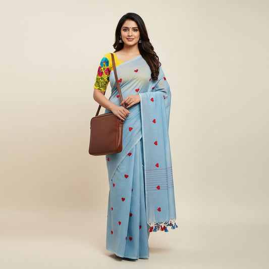 Blue Heart Print Khadi Saree