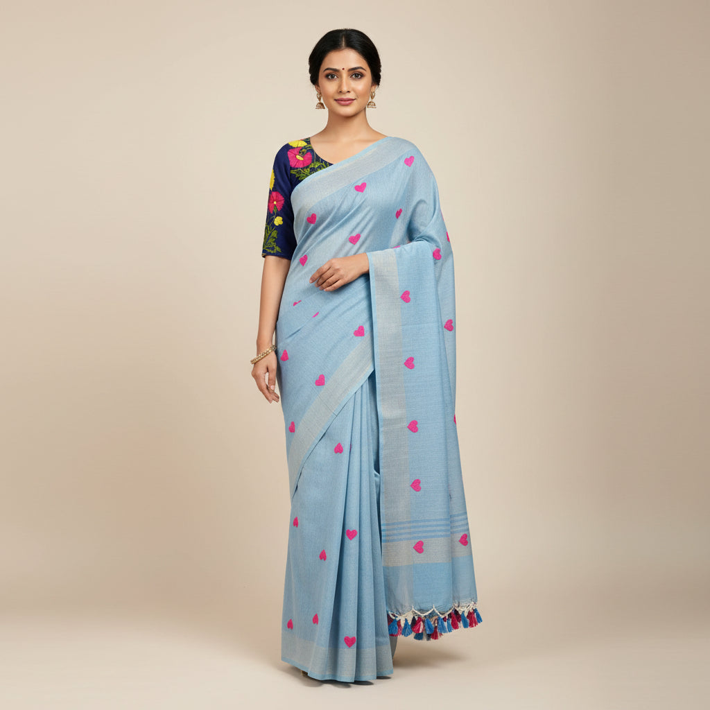 Light-blue Soft Khadi Cotton Heart Print Saree