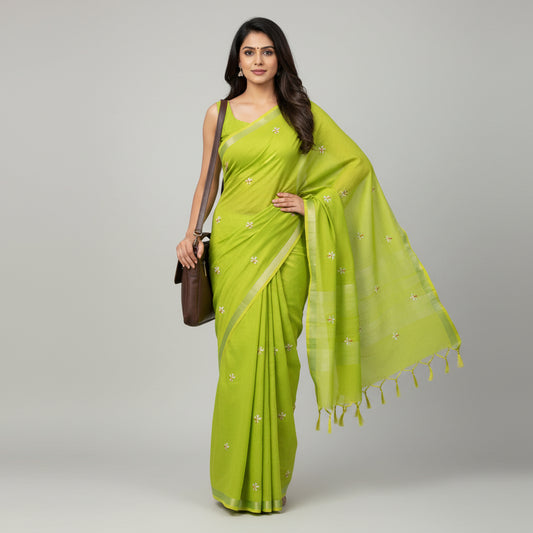 Parijat Lime Green Khadi Cotton Saree