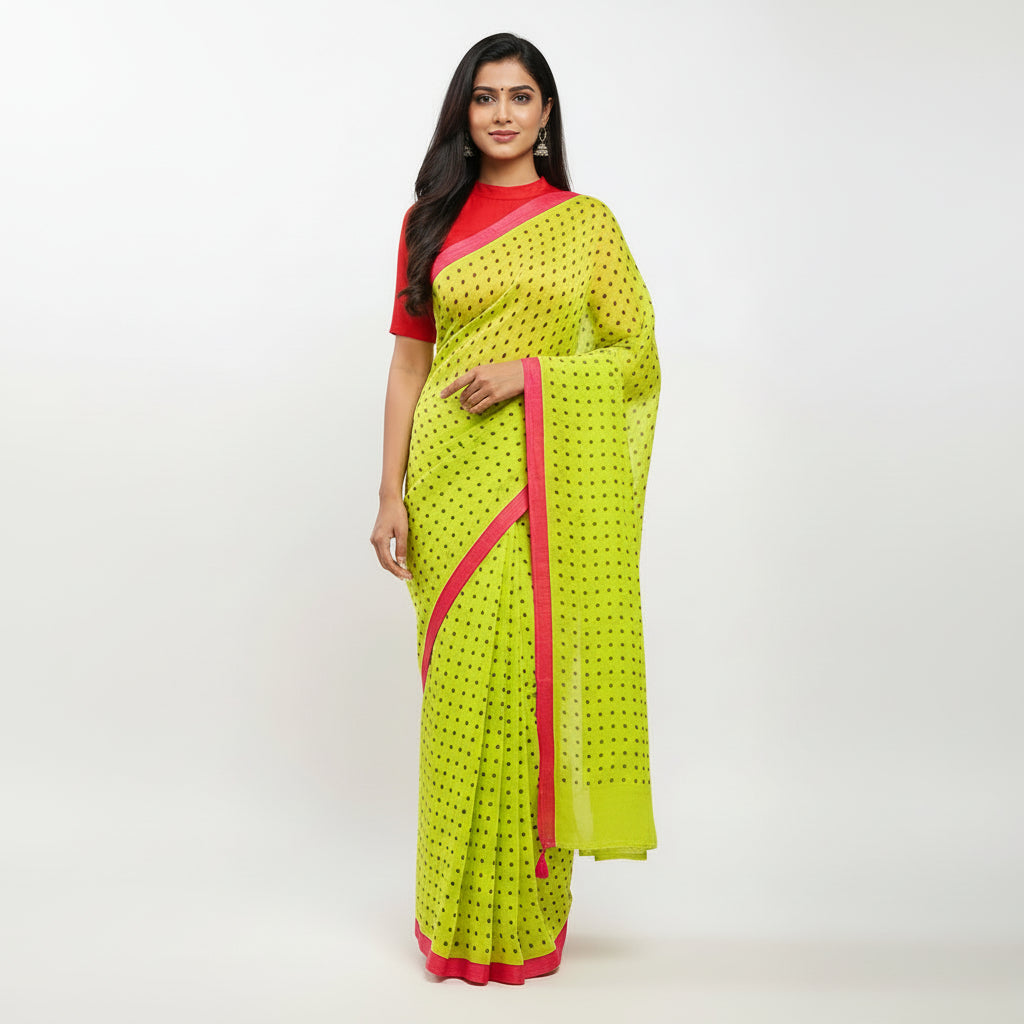 Neon PolkaDot Mul Cotton Workwear Saree