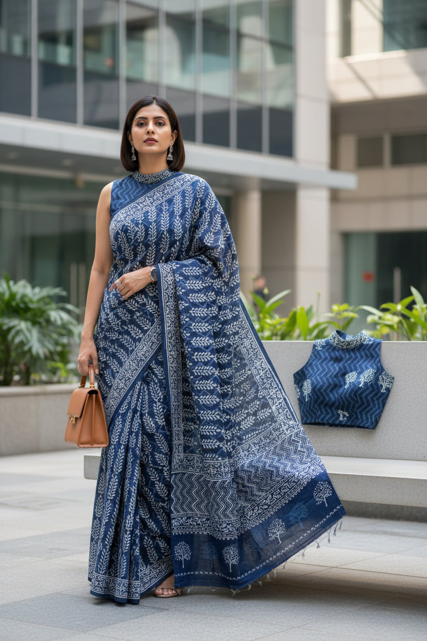 Navy blue fabric with white patterns draped over a surface