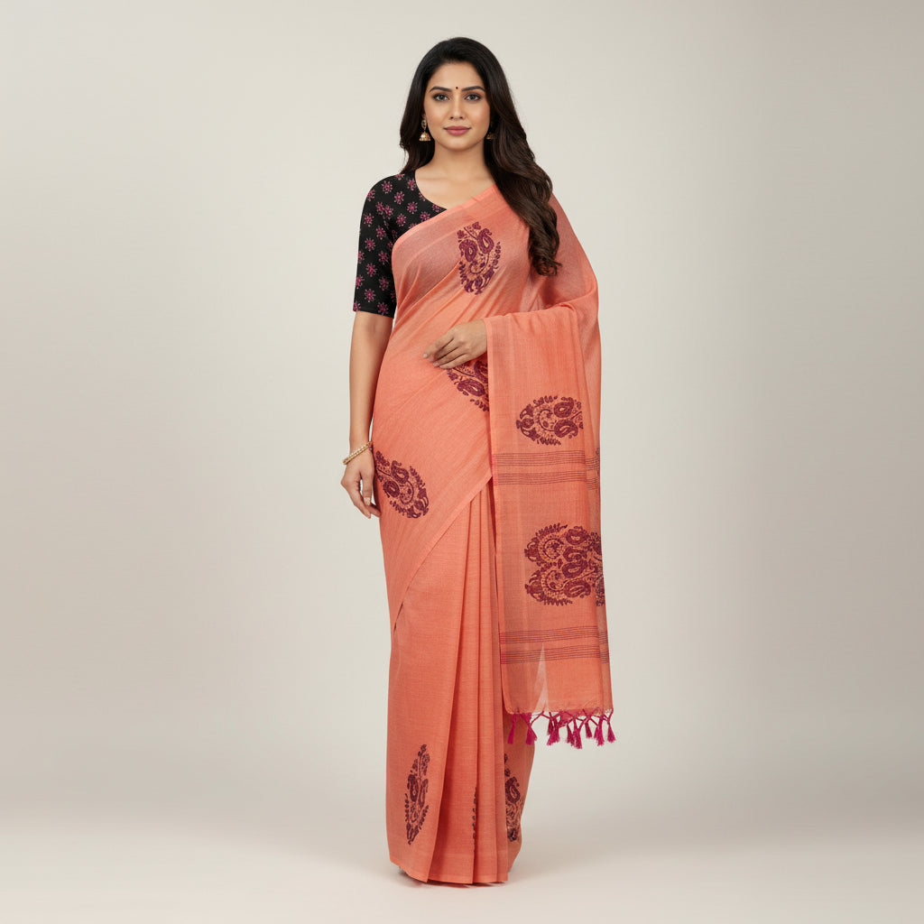 PEACH COTTON SILK SAREE