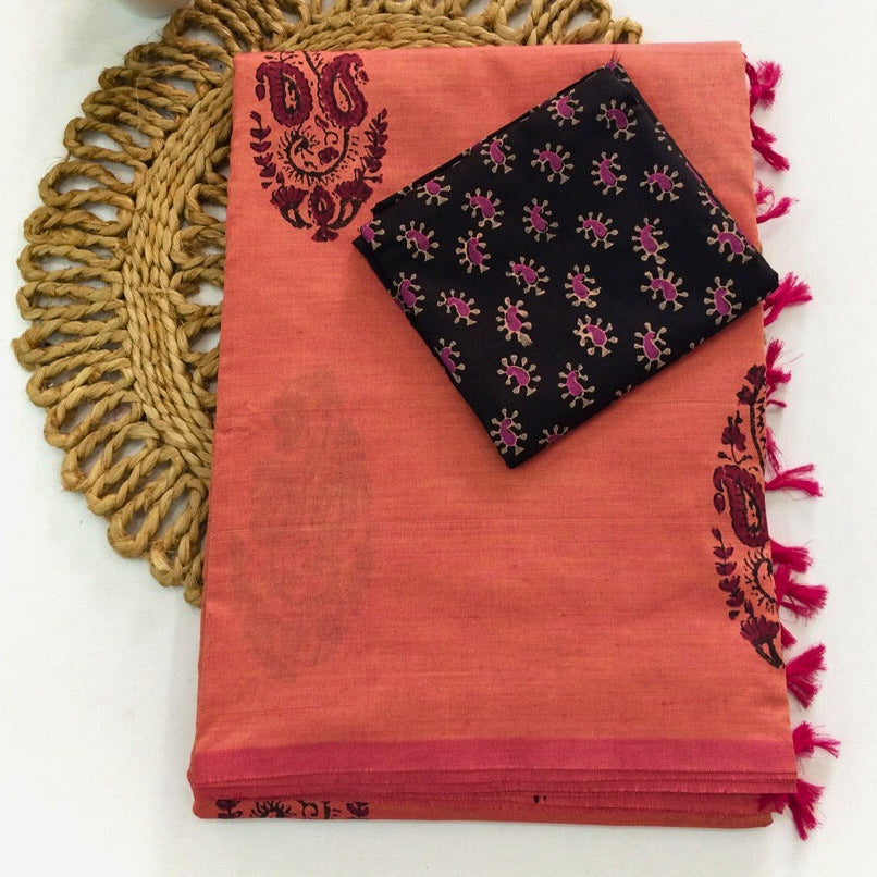 PEACH COTTON SILK SAREE