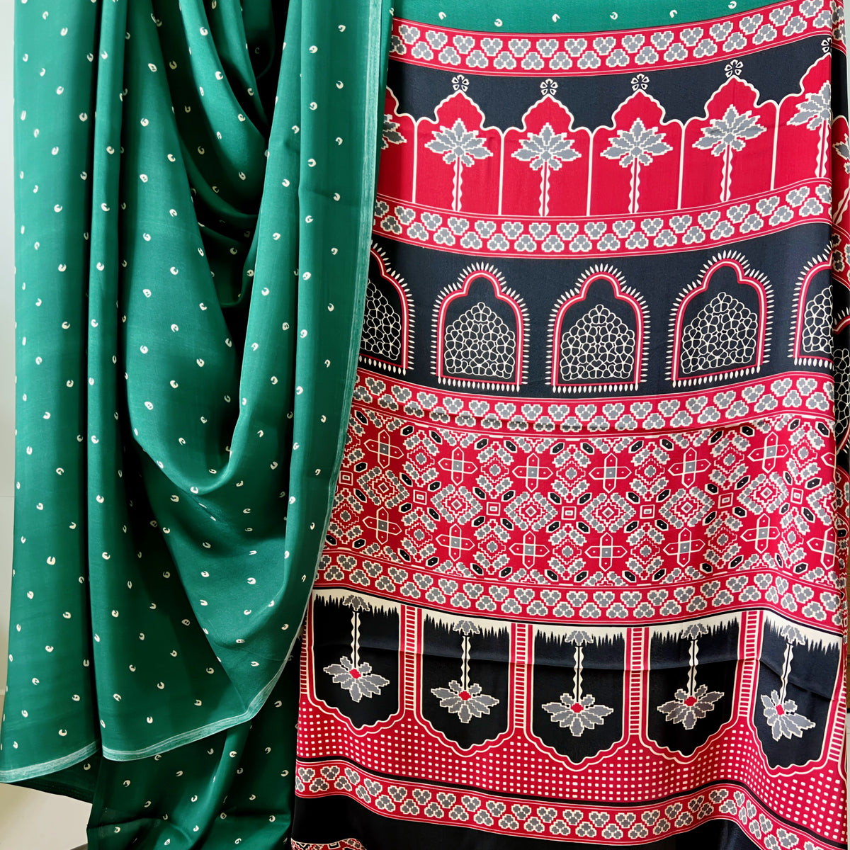 green bandhani ajrak saree