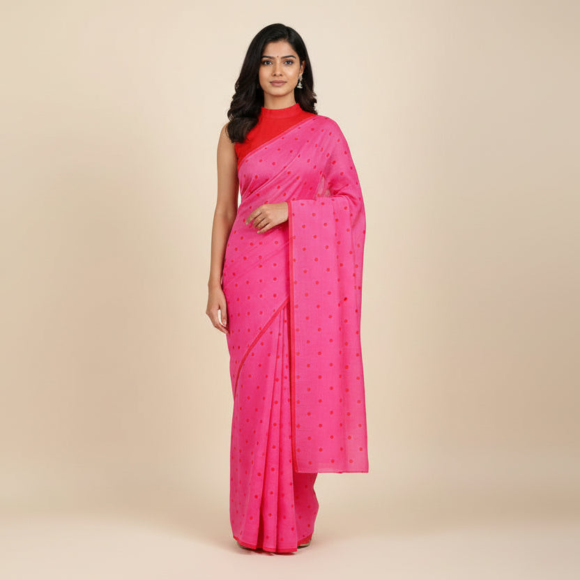 Polka Pink Mul Cotton Saree