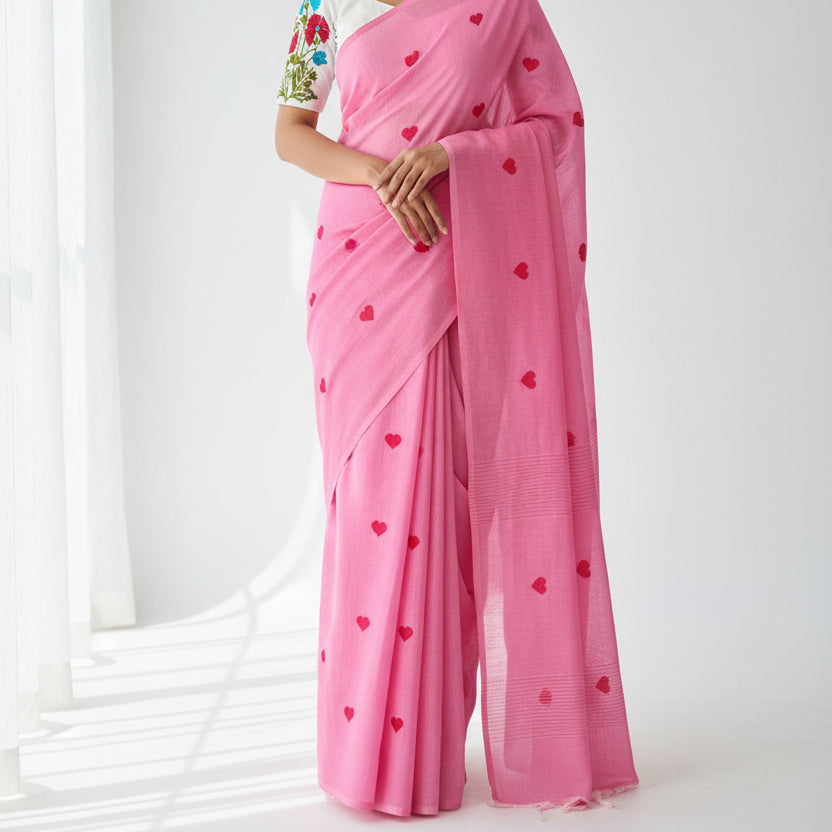 Pink Heart Print Khadi Saree