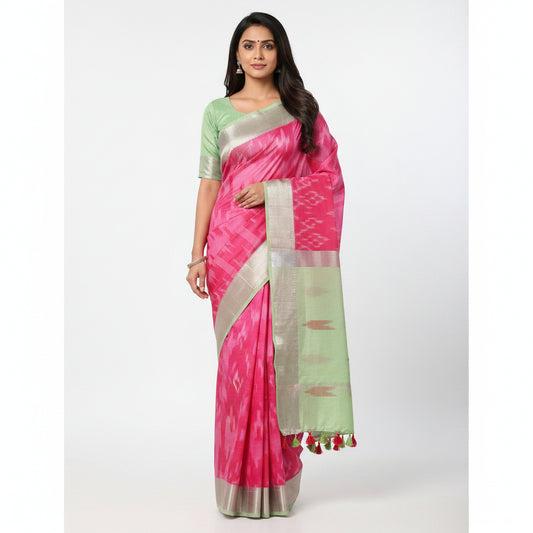 Green-pink Semi Tussar Ikkat Saree