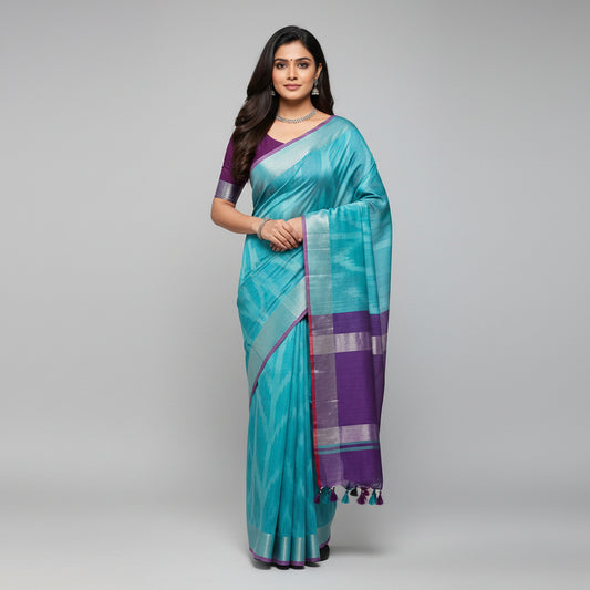 Purple-blue Semi Tussar Ikkat Saree