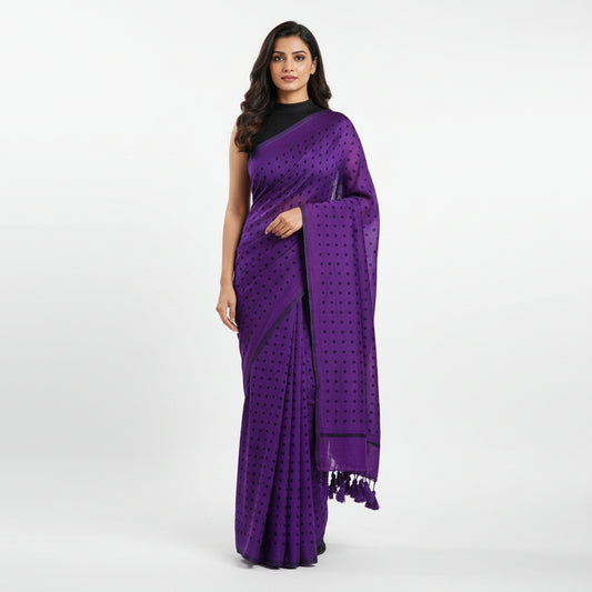 Polka Purple Mul Cotton Saree