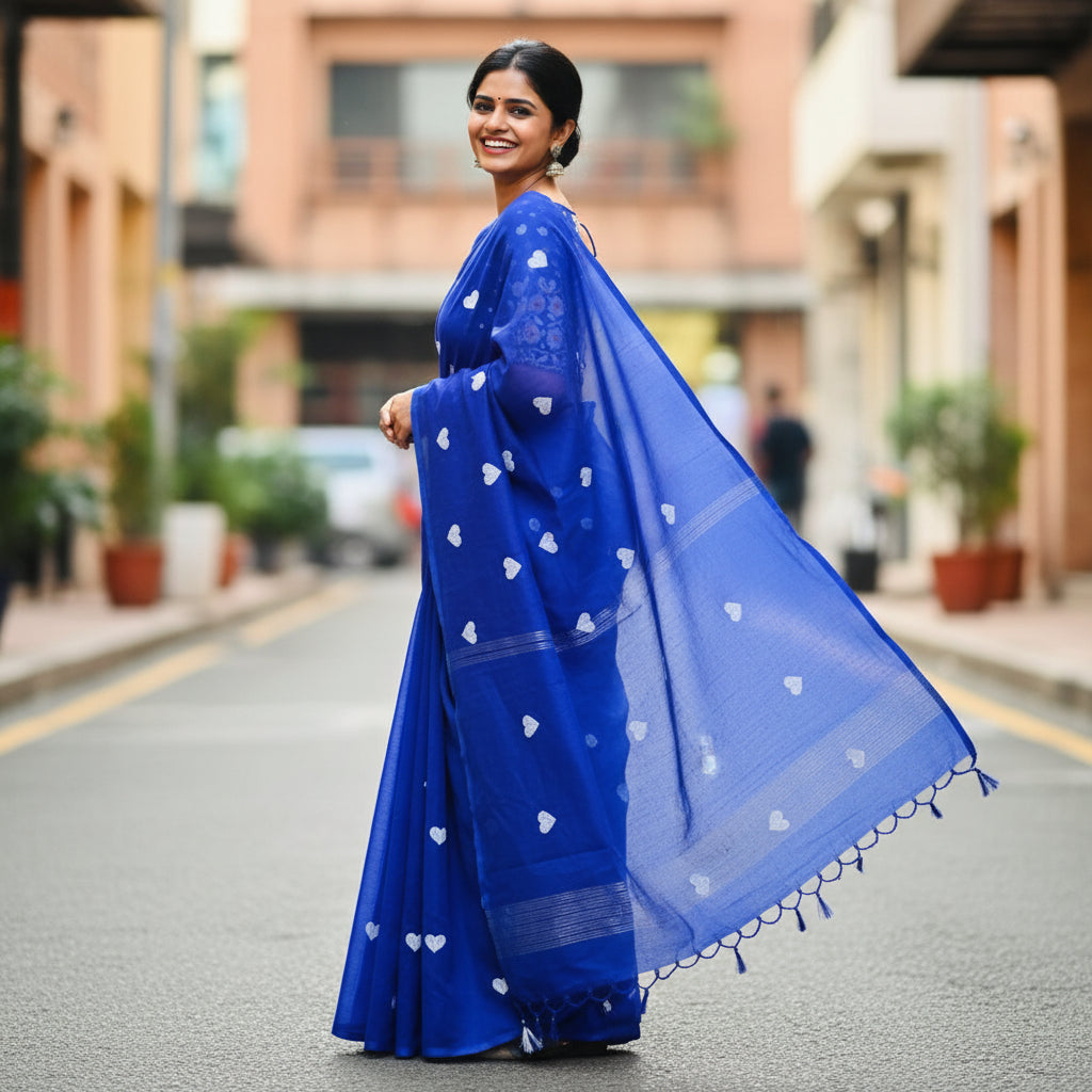 Blue Soft Khadi Cotton Heart Print Saree
