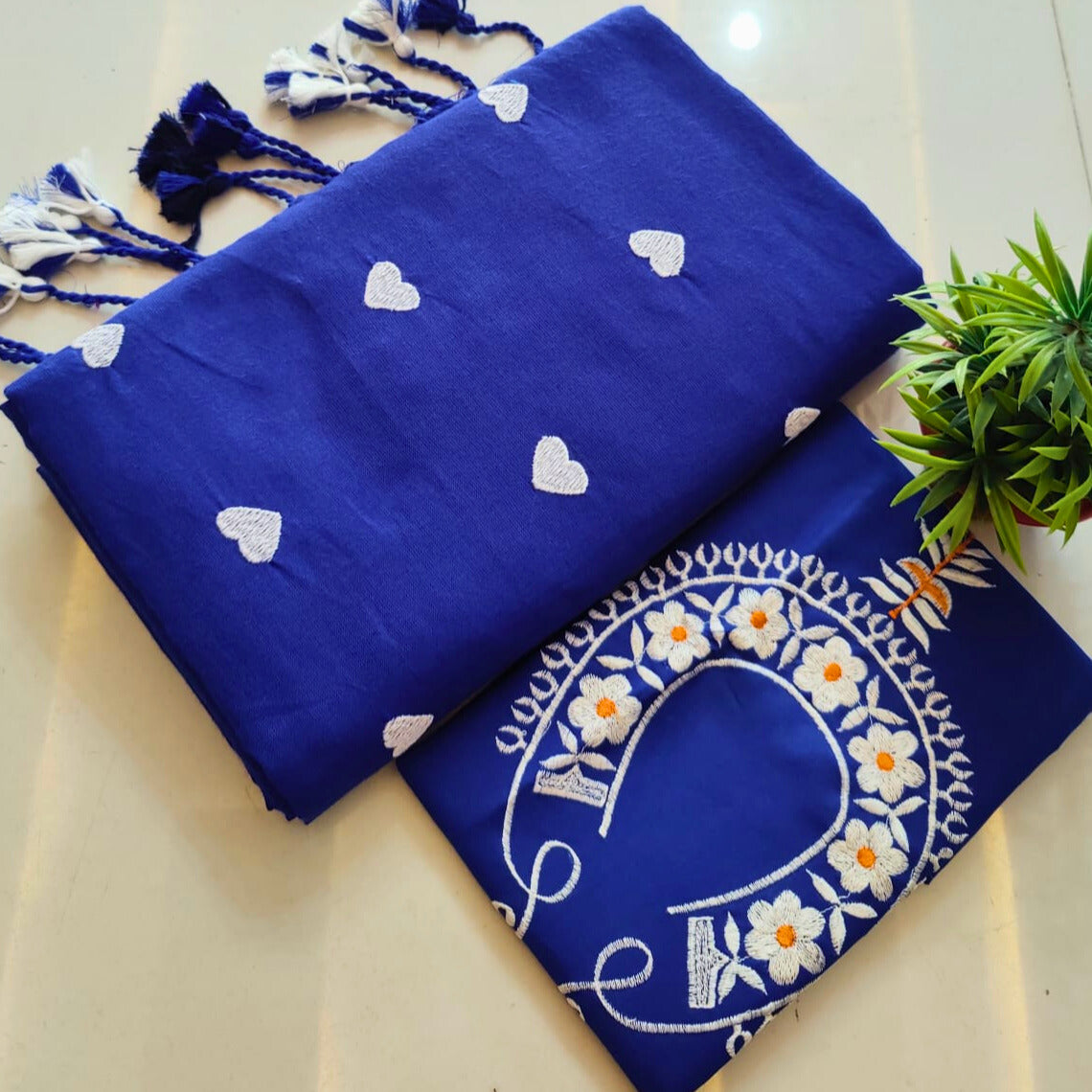 Blue Soft Khadi Cotton Heart Print Saree