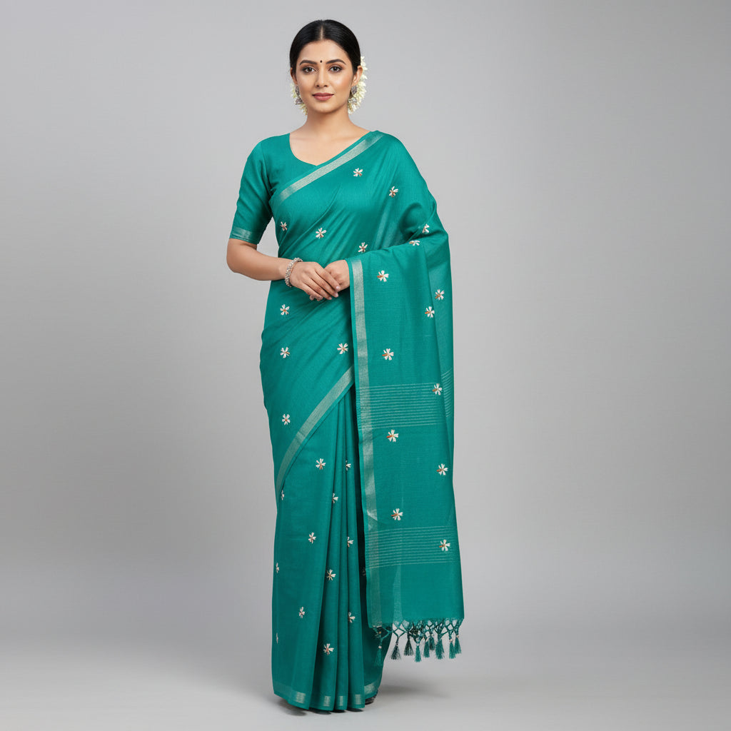 Parijat Teal Green Khadi Cotton Saree