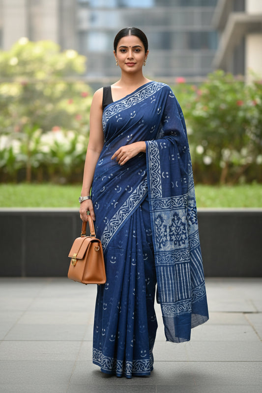 Woman wearing a blue saree with smiley print