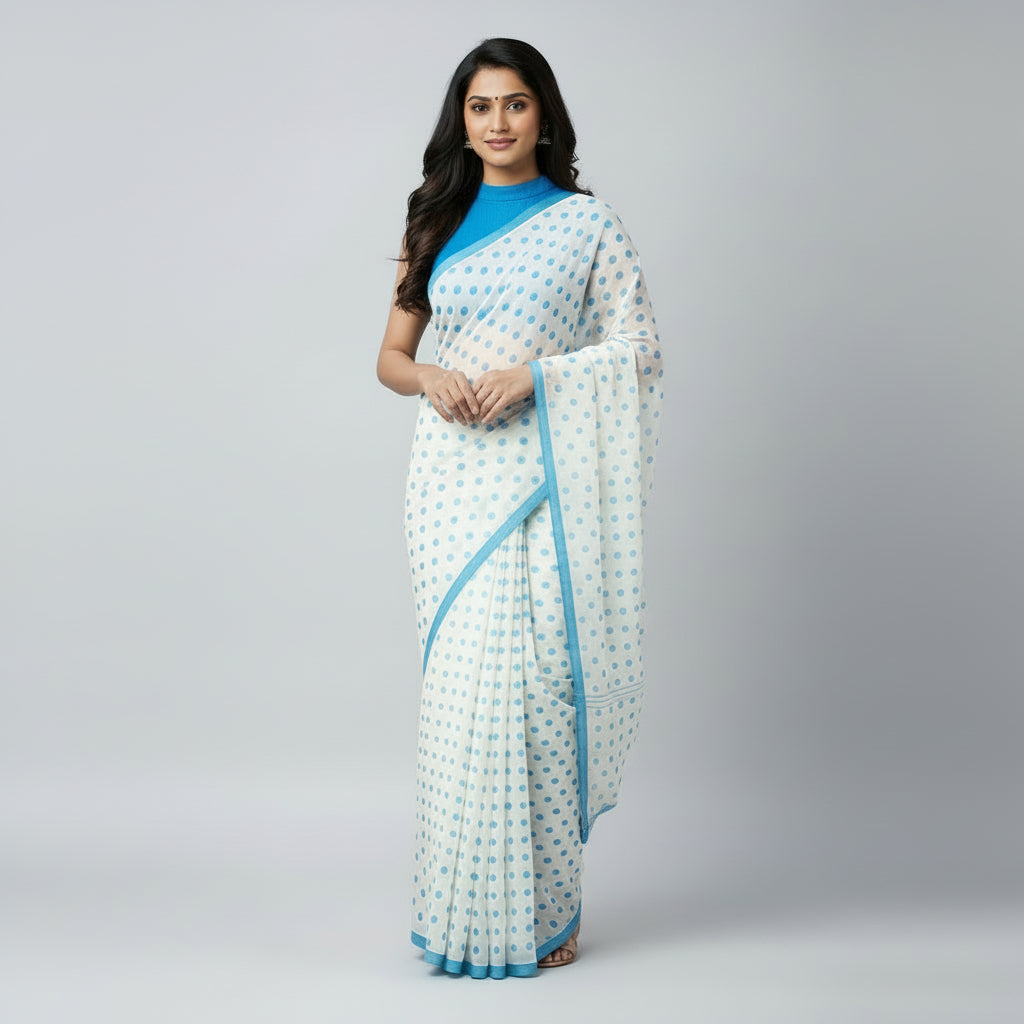White Polka Dot Mul Cotton Workwear Saree