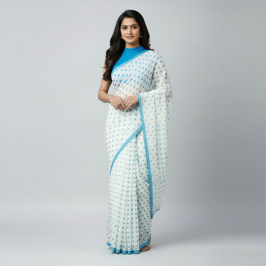 Polka White Blue Mul Cotton Saree