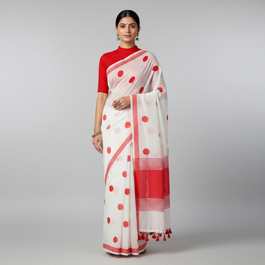White-Red Polka Mul Cotton Saree