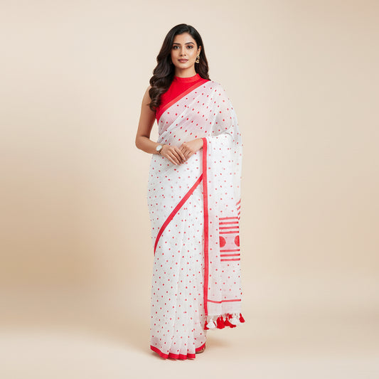 Polka white red Mul Cotton Saree