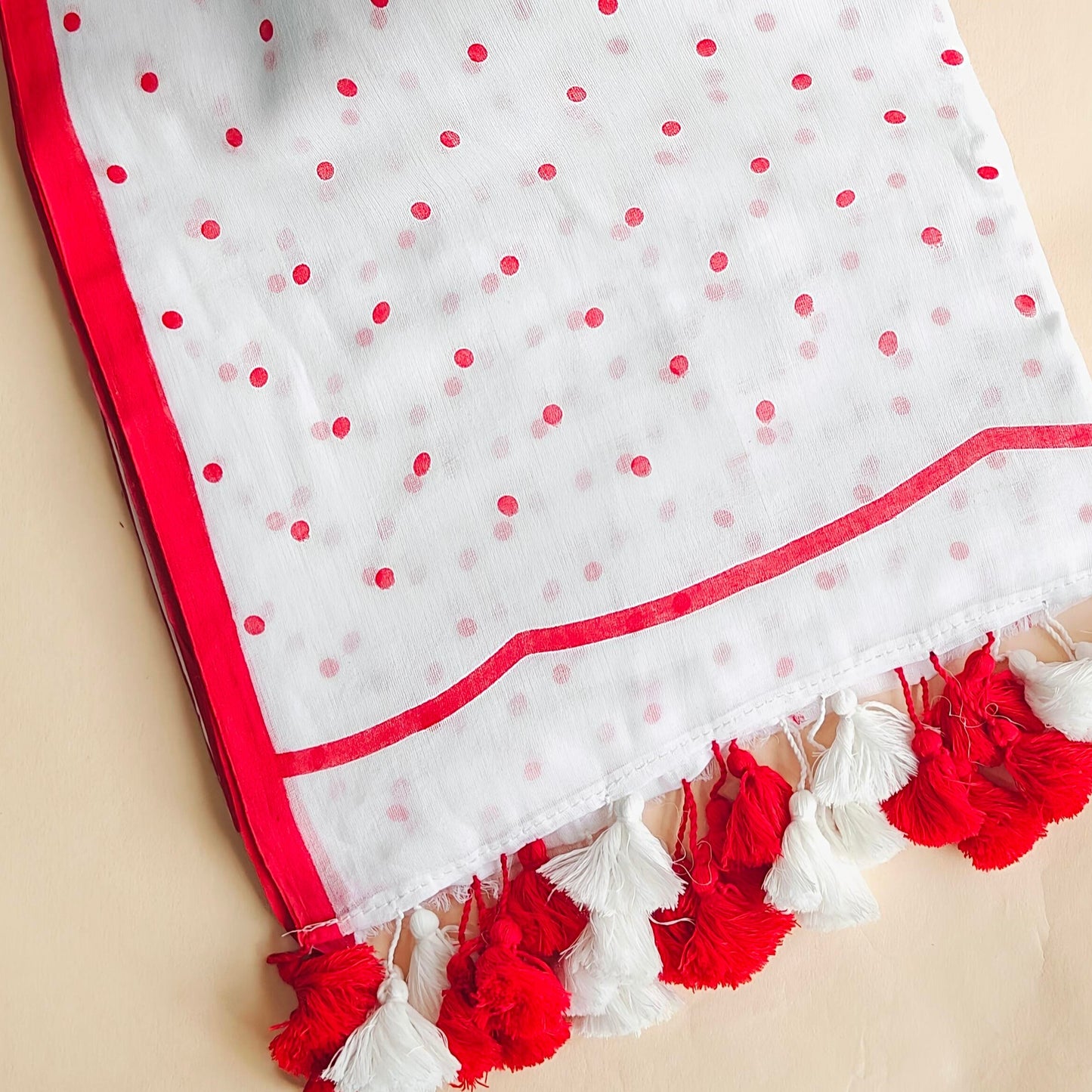 Polka white red Mul Cotton Saree
