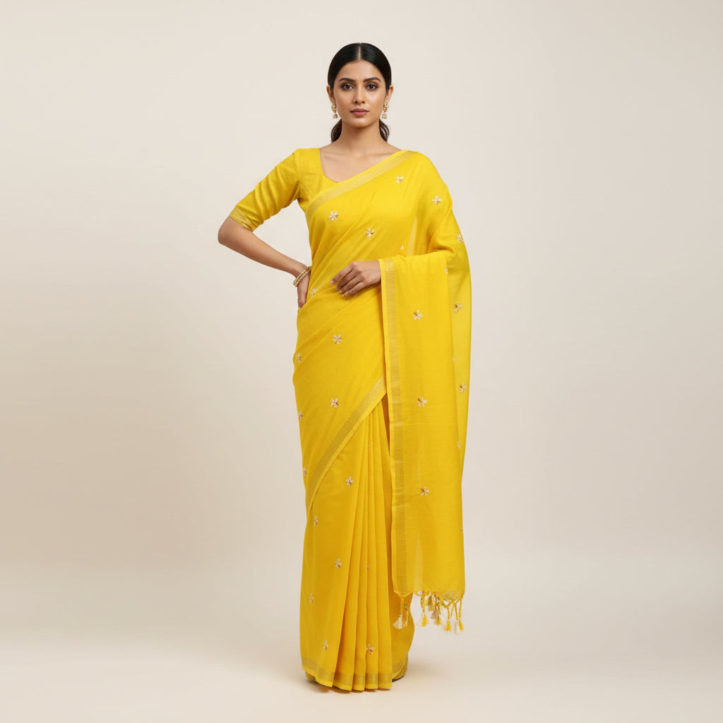 Parijat Yellow Khadi Cotton Saree