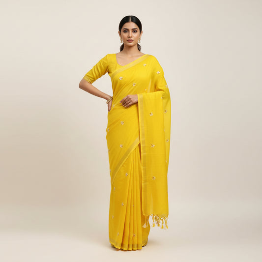 Parijat Yellow Khadi Cotton Saree